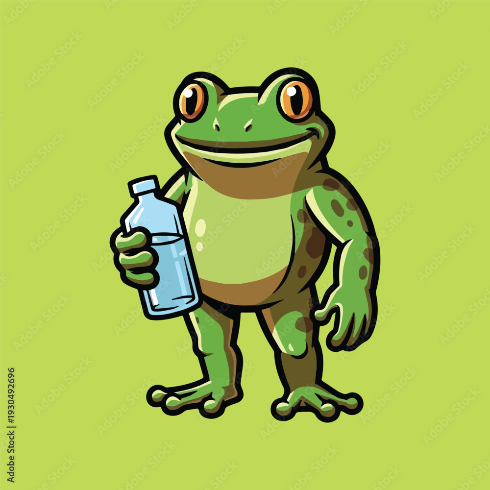 Obraz premium A happy cartoon green frog holds a clear water bottle, symbolizing healthy hydration and a fresh lifestyle. This charming illustration promotes wellness, refreshment, and active living