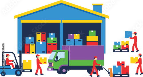 Warehouse logistics, storage facility, supply chain workers, loading dock, delivery truck, forklift operator, inventory management, shipping process, freight handling, logistics teamwork