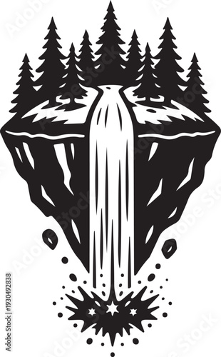 A black and white illustration of a waterfall in the woods