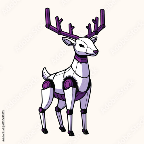 Robotic deer illustration with futuristic purple antlers and legs on a plain background