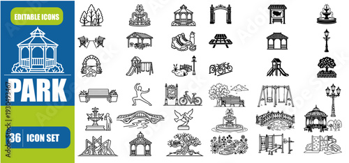 Park icon set. 36 filled park icons. Simple modern icons about - Trapeze, Tree, Inflatable, Picnic, Waterpark, Playground, Trampoline, Fountain, Parking, Slide, Acorn, Parking

