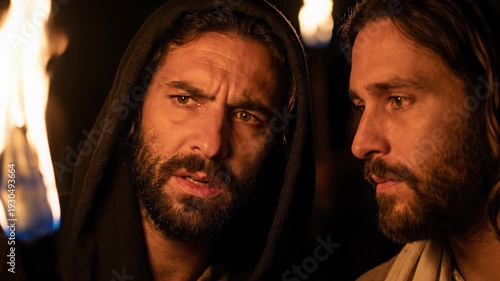Profile close up of biblical Judas Iscariot leaning in slowly towards calm Jesus Christ with tense expression under flickering torchlight creating deep shadows representing the famous betrayal kiss