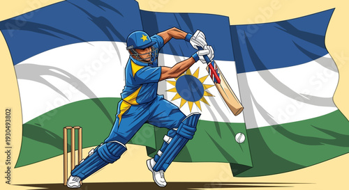 Cricketer in action with Zimbabwe flag waving behind