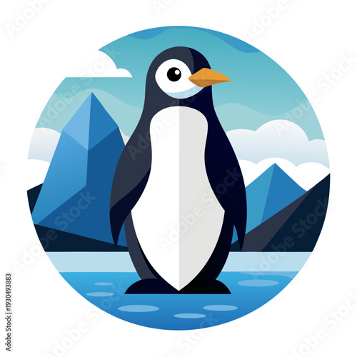 A cute penguin stands on ice with snowy mountains