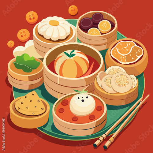 Assorted Dim Sum Dishes Served in Bamboo Baskets