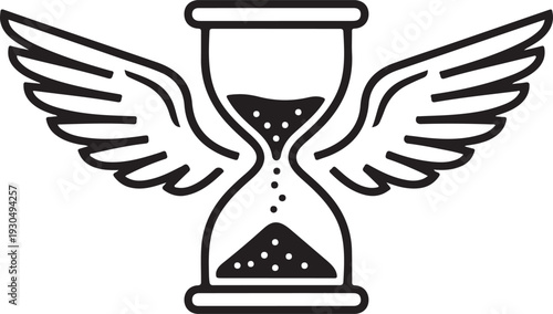 A black and white image of an hourglass with wings