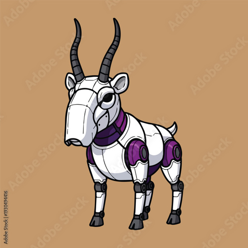 Robotic antelope with horns, mechanical legs, and purple accents on a brown background