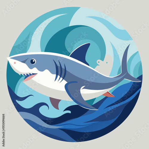 Great White Shark illustration in blue ocean waves