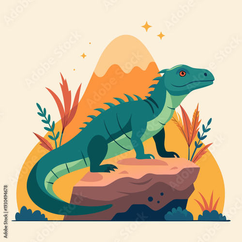 Green Dragon Illustration on Rocky Outcrop with Mountains