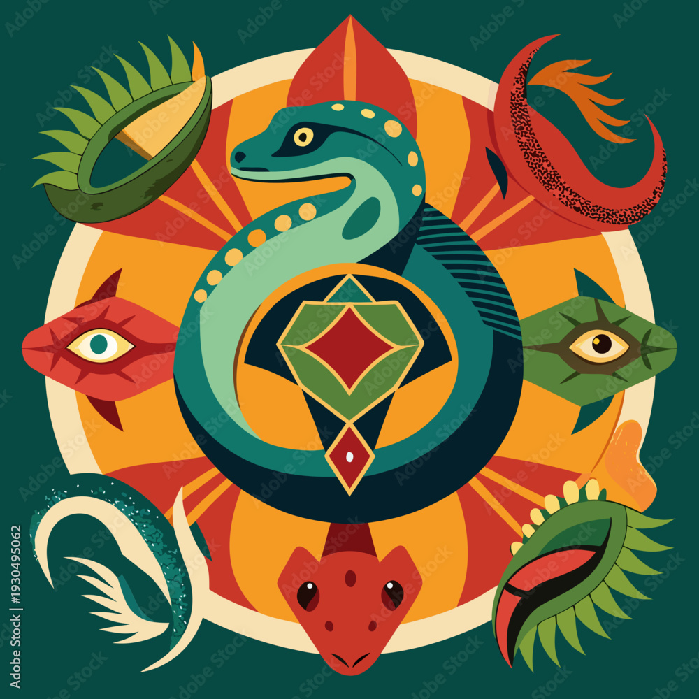 Fototapeta premium Serpentine Ouroboros Symbol with Mythical Creatures
