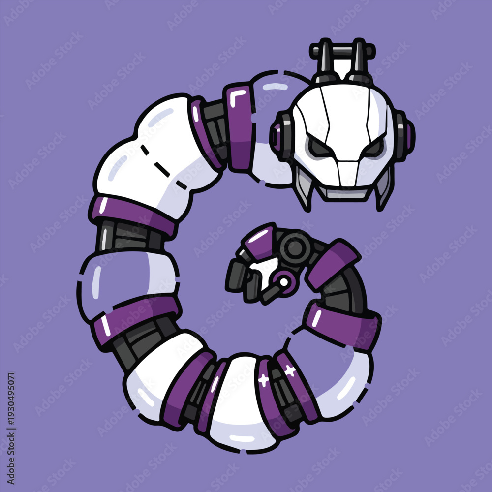 Obraz premium Stylized illustration of a robotic snake, resembling the letter G, with white and purple segments on a light purple background, creative character design