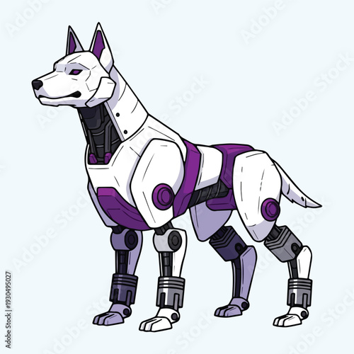 Futuristic robotic dog illustration with a sleek white and purple metallic design