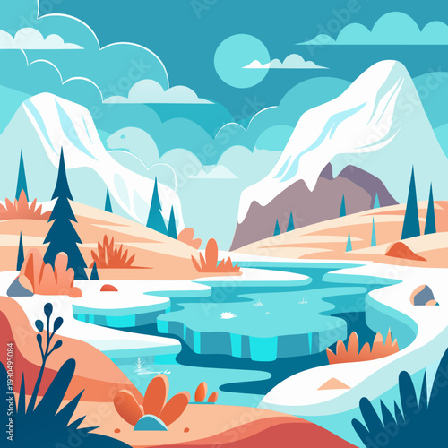 Stylized Frozen Tundra Landscape with Mountains and Ice