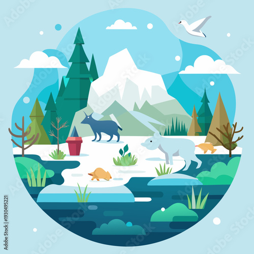 Tundra Wildlife Scene With Mountains and Snow