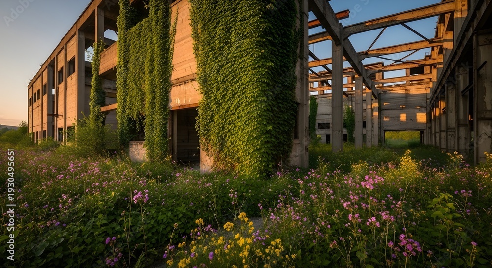 Fototapeta premium Abandoned Industrial Building Overgrown Nature Cinematic Photography with Lush Greenery and Wildflowers at Dusk