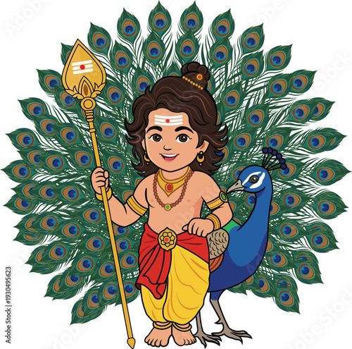 Tamil God Bala Murugan Holding Divine Vel with Beautiful Peacock Background Vector