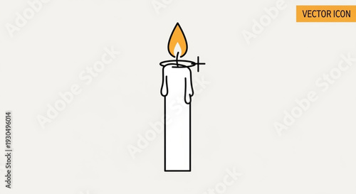 A lit white candle with melting wax and a yellow flame on a plain background symbolizing warmth and serenity in a simple vector illustration