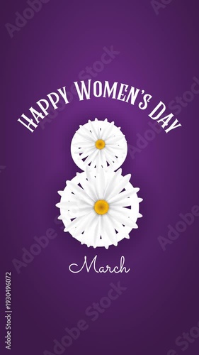 Congratulations on International Women's Day, flowers in the shape of the number eight. Vertical animated card with text