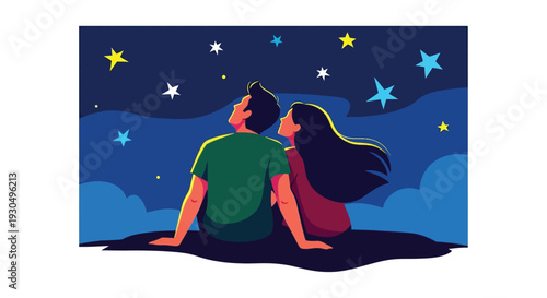 Couple sitting together gazing up at a serene starry night sky