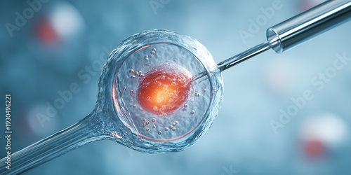 a detailed illustration of an ivf in vitro fertilization procedure, showing the tip of a needle going through the thin wall of an animated cell with visible liquid