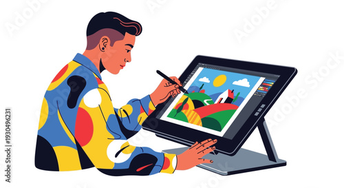 Graphic designer creating vector illustration on digital tablet with stylus pen for creative project