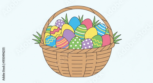 Colorful easter eggs in a wicker basket on a light blue background festive holiday decoration