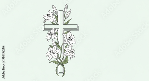 Elegant christian cross with white flowers and leaves on light green background symbolizing faith and spirituality