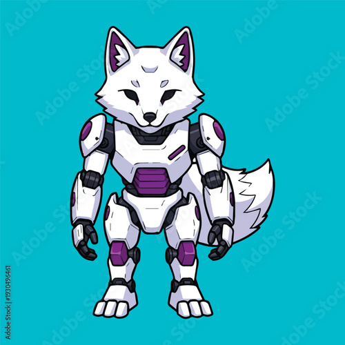 Vibrant digital illustration of a charming anthropomorphic white fox character with futuristic robotic limbs and a sleek, modern design standing upright on a solid teal background