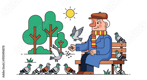 elderly man sitting on park bench feeding pigeons on a sunny day outdoors