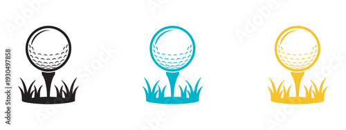 Golf Ball Icon Vector, Ball on Tee, Grass Background, Multiple Colors, Minimal Sports Illustration, Golf Equipment and Game Concept