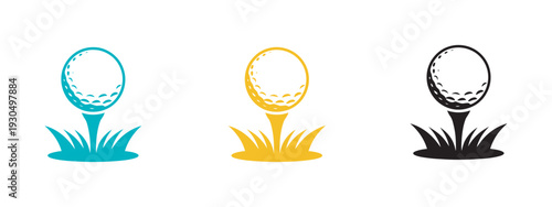 Golf Ball Icon on Tee Vector Illustration, Grass Background, Multiple Color Variations, Minimal Sports Design, Golf Equipment Symbol