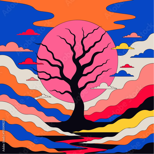 Sunset Pink Moon Behind Tree Vector Illustration