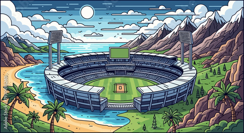 Modern sports stadium nestled between mountains and beach