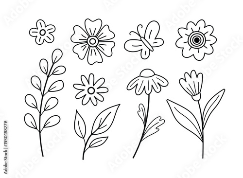 Hand drawn spring flowers and butterfly outline set. Black line art floral elements isolated on light background, perfect for coloring pages and design projects.
