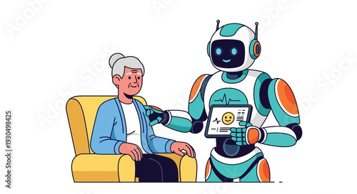 Elderly person receiving medical care and support from a friendly robot assistant
