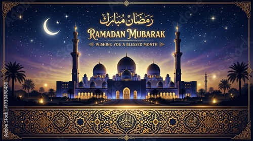 Luxury Ramadan Kareem Sale Banner with Islamic Golden Lanterns, Arabic Ornament Frame and 50% Discount Promotion Template