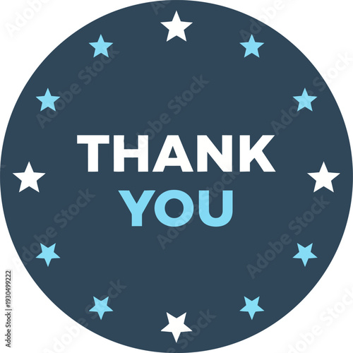 A dark blue circular badge with "THANK YOU" text and alternating white and light blue stars around the edge.