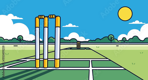Cricket pitch with wickets in green field under sunny sky