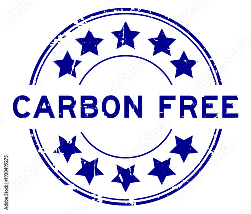 Grunge blue carbon free word with star icon round rubber seal stamp on white background