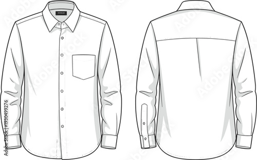 White button-up shirt illustration, front and back technical views, classic collar, pocket detail, fashion design, wardrobe staple, formal wear