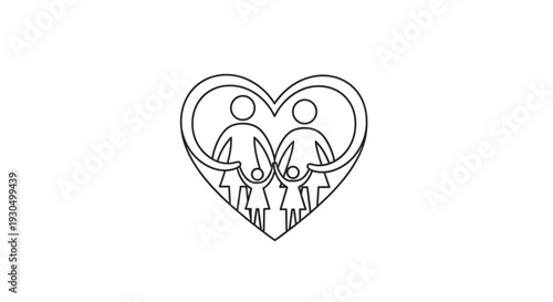 Heart shaped family unity symbol with adults and children representing love and togetherness in a simple line art style on a white background