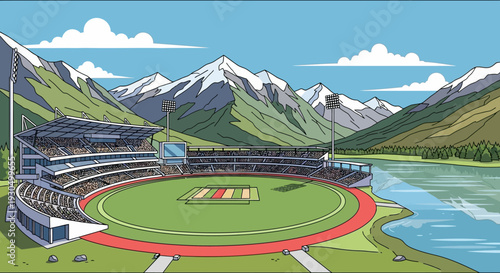 Cricket stadium in a stunning mountainous landscape by serene lake