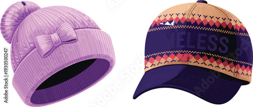 Winter beanie, pompom detail, bow accent, ribbed knit, baseball cap, graphic design, TIMELESS lettering, geometric pattern, fashion headwear, seasonal contrast