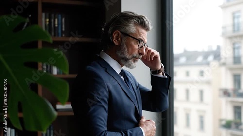 Experienced businessman in a sophisticated suit, adjusting his glasses while looking thoughtfully out of a large window, reflecting on strategy in a modern office environment