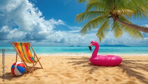 Wallpaper Mural coastal scene featuring a chair, ball, float, shade, and palm tree Torontodigital.ca