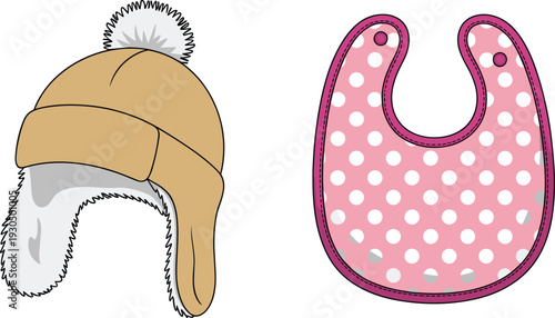 Winter hat, baby bib, ear flaps, pom pom, faux fur lining, polka dots, children’s accessories, cad drawing flat vector illustration