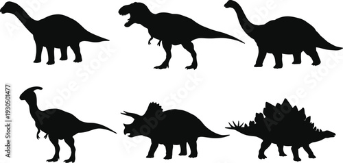 Dinosaur silhouette collection, prehistoric animal vector, black dinosaur clipart, Jurassic creatures illustration, extinct species set, fossil wildlife design