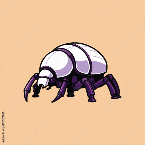Unique stylized insect illustration in vibrant purple and white, showcasing a segmented body and multiple legs. Ideal for creative designs, nature graphics, and abstract entomology themes