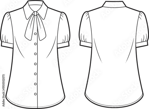 Women's blouse illustration, puff sleeve design, bow tie collar, button-up front and back view, elegant fashion template, sewing pattern