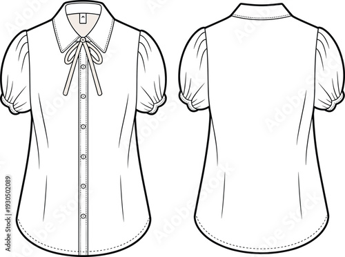 Women's blouse sketch with bow collar, short sleeves, button-down front and back view, fashion illustration, clothing design template, sewing pattern